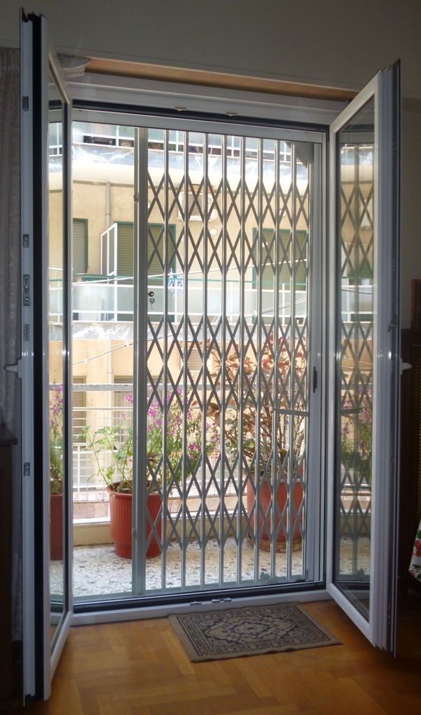 an open door leading to a balcony with potted plants on the outside and inside