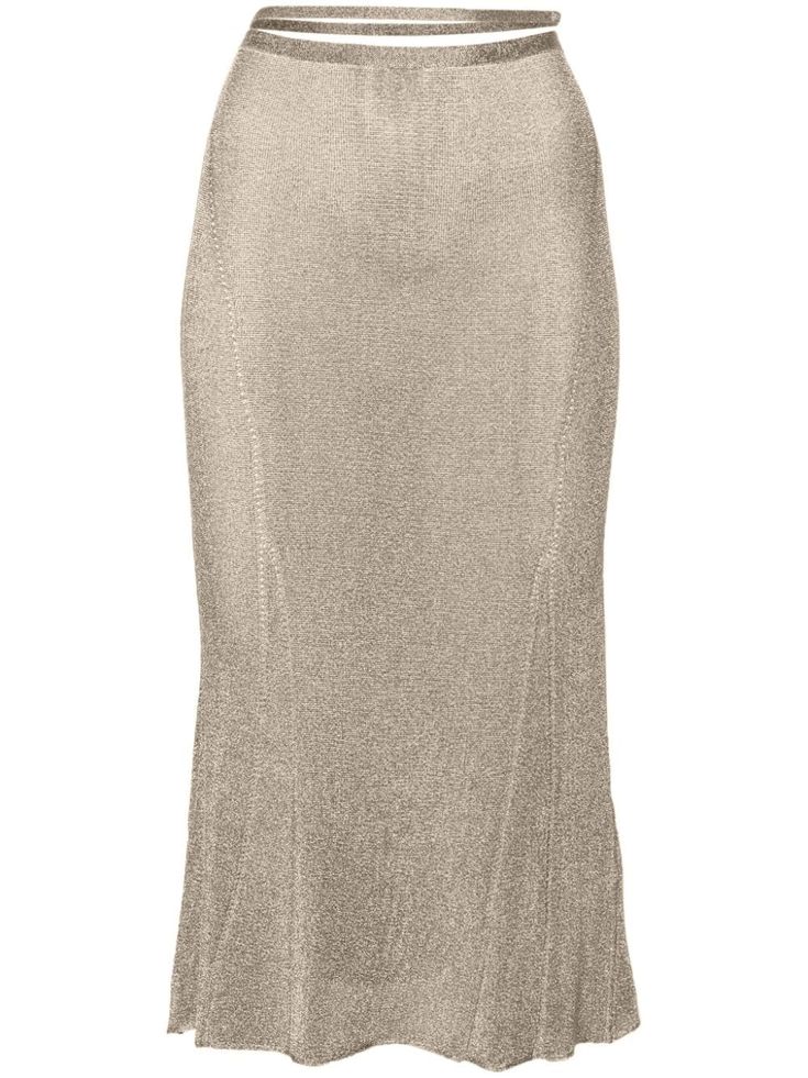 gold-tone ribbed knit semi-sheer construction lurex detailing cut-out detailing logo-charm waist strap high-waisted elasticated waistband flared hem mid-length A-line Midi Skirt Ribbed, Elegant Gold Lined Skirt, Gold Chic Midi Skirt, Chic Gold Midi Skirt, Chic Fitted Gold Maxi Skirt, Elegant Gold Maxi Skirt For Evening, Elegant Lined Gold Skirt, Gold Long Skirt For Formal Occasions, Glamorous Gold Long Skirt