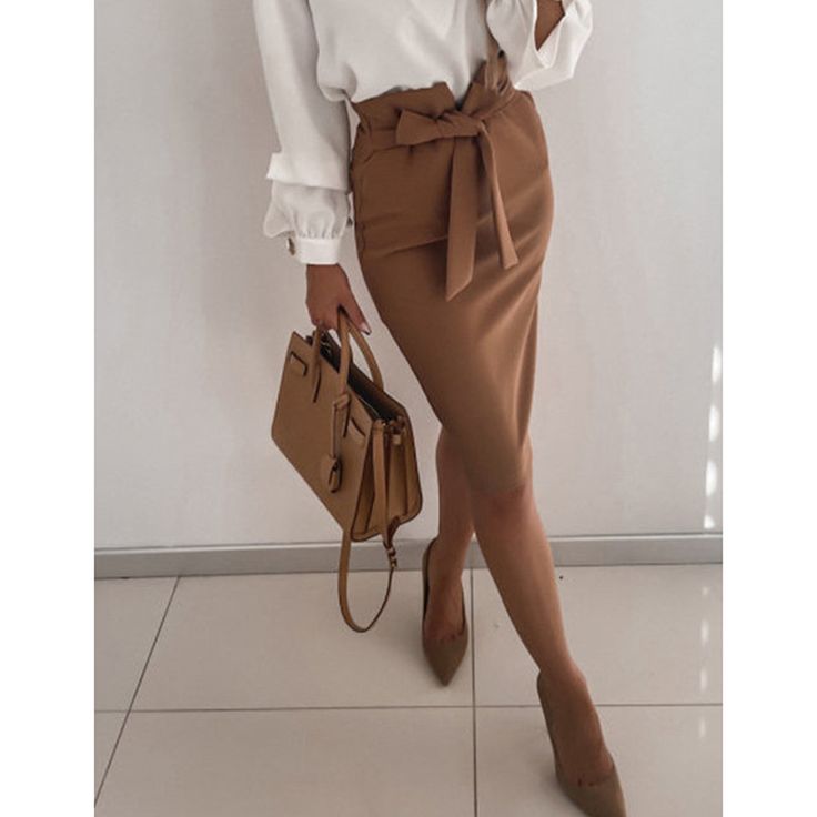 Coffee Ol High Waist Bodycon Skirt with Belt Beige Solid Color Pencil Skirt, Beige Skirt For Office, Beige Solid Color Skirt For Office, Beige Solid Color Office Skirt, Chic High Waist Brown Skirt, Casual Brown High Waist Pencil Skirt, Casual Brown Midi Pencil Skirt, Chic Brown Knee-length Skirt, Elegant High-waisted Brown Mini Skirt