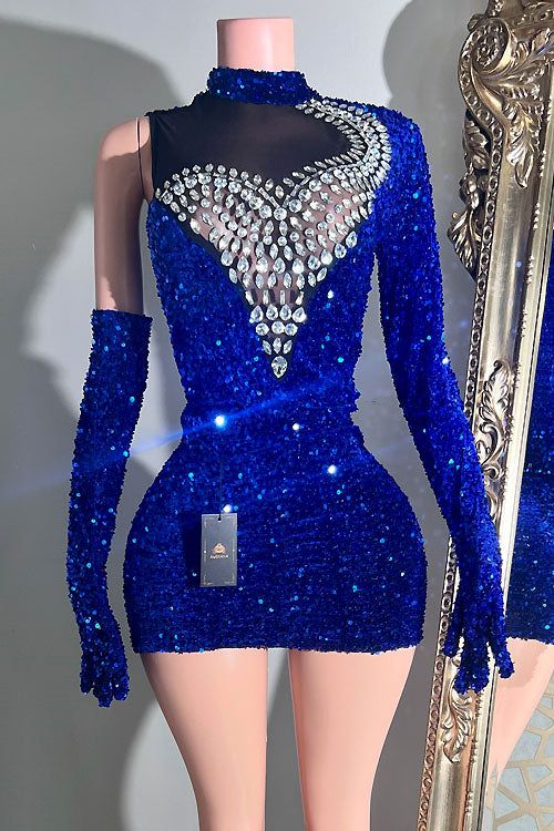 Get ready to slay this Valentine's Day in our Amour Diamante Dress. Made from stretchy spandex, it features a unique heart-shaped rhinestone pattern, sparkling blue sequins and silver rhinestones. With one sleeve and gloves, this mini dress is perfect for a date night or girls' night out. Sorry Cupid, you might have some competition. Fitted Contrast Sequin Club Dress, Fitted Club Dress With Contrast Sequin, Embellished Fitted Bodycon Prom Dress, Embellished Fitted Bodycon Dress For Prom, Club Fitted Sequin Dress With Contrast Sequins, Stretch Dresses With Rhinestones For Party, Fitted Contrast Sequin Dress For Club, Glamorous Fitted Sequin Dress With Rhinestone Fringe, Fitted Mini Dress With Rhinestone Fringe For Prom