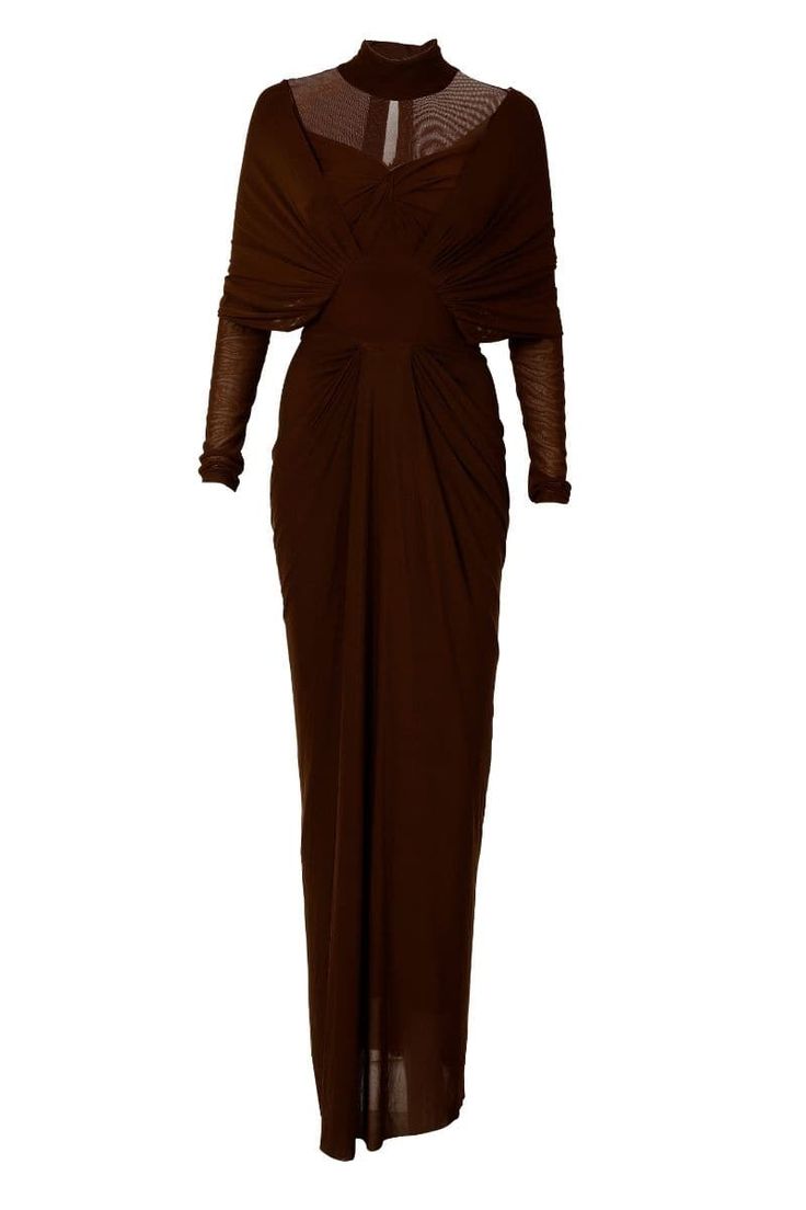 BROWN DRAPED FULL SLEEVES NET DRAPED GOWN | Deme By Gabriella | CULT MIA Beige Gown, Brown Gown, Ethereal Fashion, Dressy Clothes, Chocolate Brown Dress, Draped Gown, Corset Gown, Draped Bodice, Knitwear Outfit