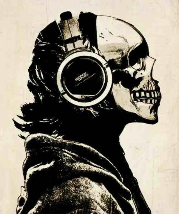 a skull with headphones on it's face