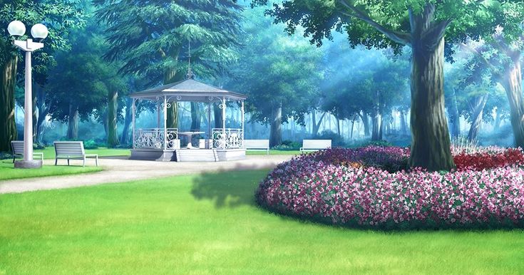 a painting of a gazebo in the middle of a park with flowers and trees