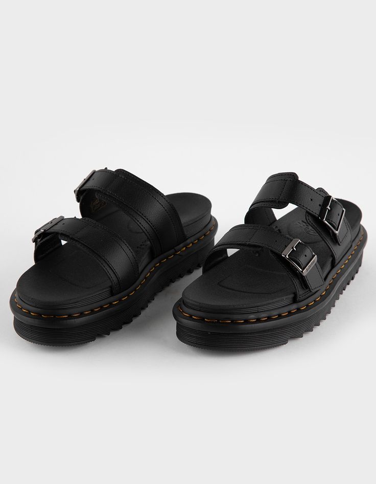 Dr. Martens Myles Slide Sandals. With A Sturdy, Lightweight Ripple Sole, The New Myles Sandal Is An Easy Slip-On Style Built For All-Day Comfort, With Two Thick Adjustable Buckle Straps In Soft But Hardwearing Leather. Even Better: This Is A Goodyear-Welted Sandal, So It's Super-Durable No Matter What The Day Hands You. Two Adjustable Buckle Straps. Tough And Durable, Thanks To A Goodyear Welt. Platform Height: 1 1/2 In; Heel Height: 1 7/8 In. Wipe Away Dirt Using A Damp Cloth. Imported. Dr Martens Myles, Flannel Sweatshirt, Womens Slides Sandals, Lug Sole Boots, Chunky Sandals, Womens Slides, Goodyear Welt, Slipper Shoes, Sweaters And Jeans