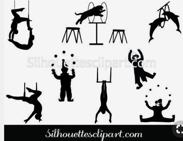 silhouettes of people doing different things in the air and standing on stilts, with one