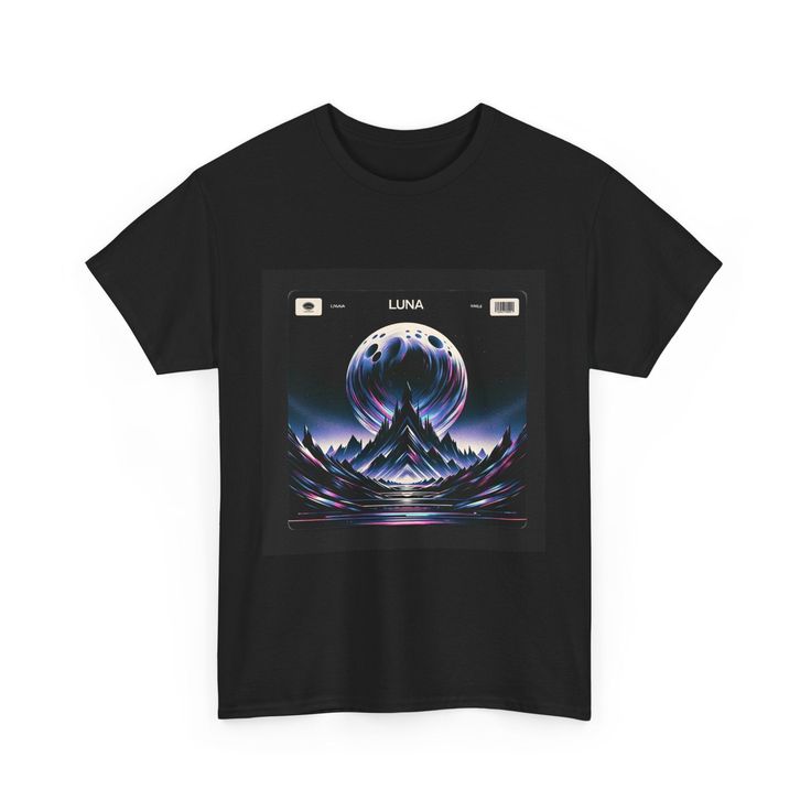 a black t - shirt with an image of a mountain and moon in the background