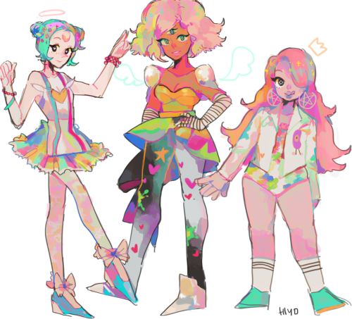 three girls in colorful outfits standing next to each other