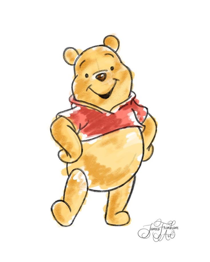 a drawing of a winnie the pooh bear with a red shirt and white pants