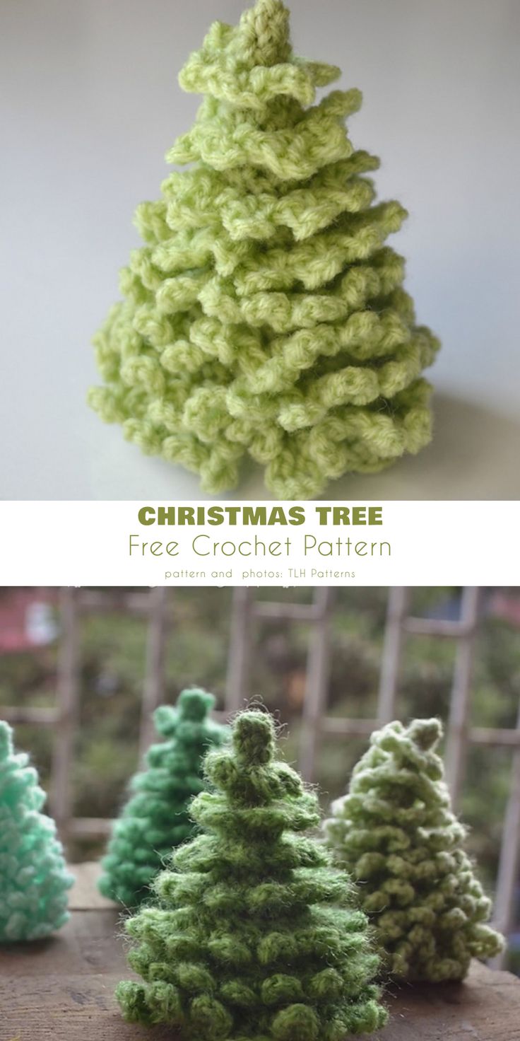 crocheted christmas tree is shown in three different colors, and the top one has been