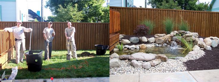 two men standing next to each other in front of a small pond and fenced yard