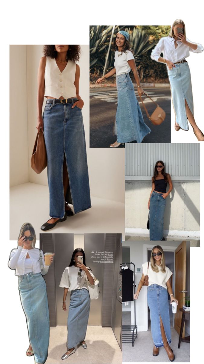 long denim skirt Long Denim Skirt Outfits, Long Denim Skirt Outfit, Frock Fashion, Denim Skirt Outfits, Long Denim Skirt, Outfit Plan, Skirt Fits, Modest Fashion Outfits, Office Outfits