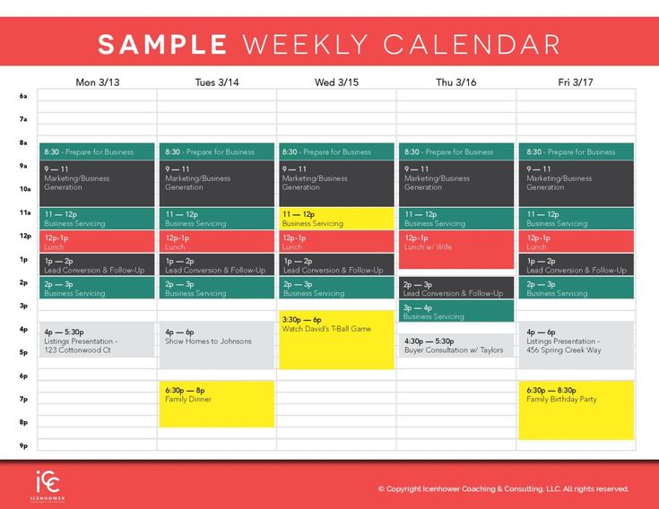 the sample weekly calendar is shown in red, yellow and green