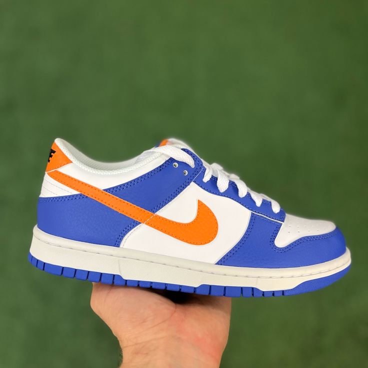 Nike Dunk Low Knicks Size 6.5y Ds Orange Custom Sneakers With Gum Sole, Orange Custom Sneakers With Gum Sole For Sports, Custom Orange Sneakers With Gum Sole For Sports, Blue Basketball Shoes With Rubber Waffle Outsoles For Streetwear, Orange Low-top Sneakers With Gum Sole, Blue Lace-up Basketball Shoes With Rubber Waffle Outsoles, Nike Blue Basketball Shoes With Gum Sole, Orange Sneakers With Rubber Waffle Outsoles, Casual Blue Basketball Shoes With Gum Sole