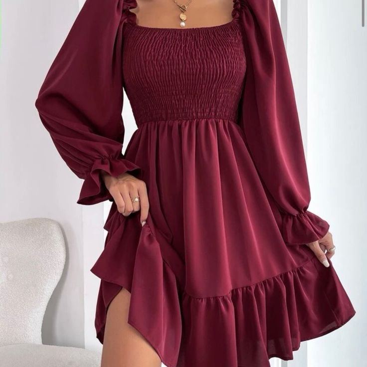 Shein. Size Medium (Size 6) Burgundy Fits A Little Bigger Than A Size 6. Perfect For A Christmas Party Or Date Night. Never Worn Midi Dress Chic, Long Sleeve Ruffle Dress, Cotton Midi Skirt, Long Sleeved Dress, Office Dresses For Women, Flare Long Sleeve, Boho Summer Dresses, Dress Chiffon, Women Long Sleeve Dress