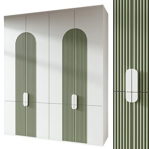 two white cupboards with green and white stripes on the wall next to each other