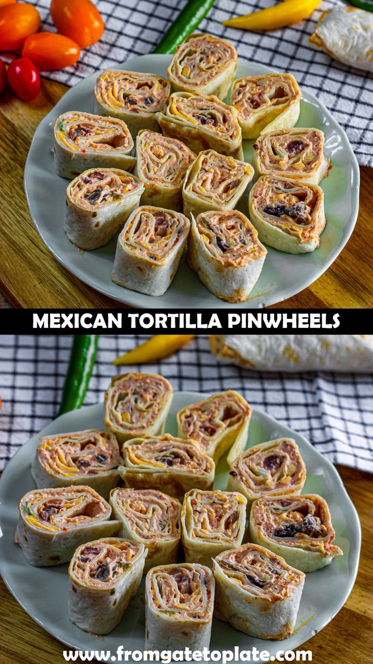 mexican tortilla pinwheels on a plate with tomatoes and peppers in the background