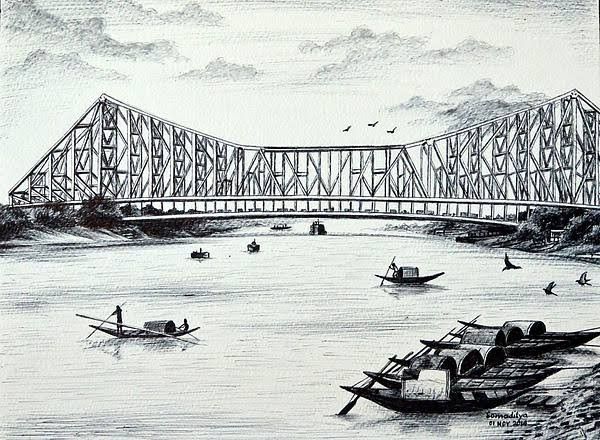 a drawing of people in boats on the water under a large bridge with birds flying over it