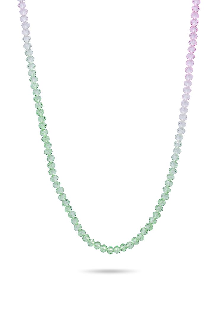 Create a dreamlike effect with our Candy Floss Necklaces – perfect for layering up and combining ethereal colourways with our other pendants and charms. Available in graduating pastel hues including bright shades of lavender fading into green, blue drifting into mint and deep pinks, yellows and oranges to symbolise sunsets and sunrises. These are a perfect bead necklace option for a summer wardrobe addition. Material: 18k gold plated brass and beads Green Gemstone Necklaces With Round Beads, Adjustable Pastel Gemstone Beads Jewelry, Green Faceted Round Beads Necklace, Green Faceted Round Bead Necklaces, Lavender Round Beads Necklace, Lavender Jewelry With Faceted Beads, Lavender Single Strand Round Bead Jewelry, Lavender Single Strand Jewelry With Round Beads, Green Single Strand Long Necklace