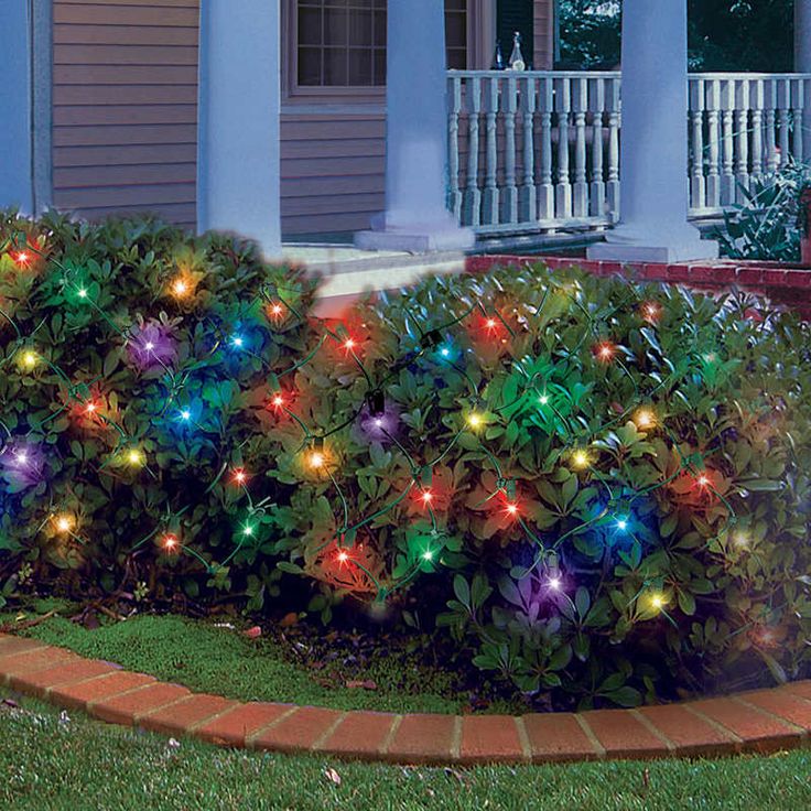 an assortment of lights are in the bushes on the lawn next to a brick walkway