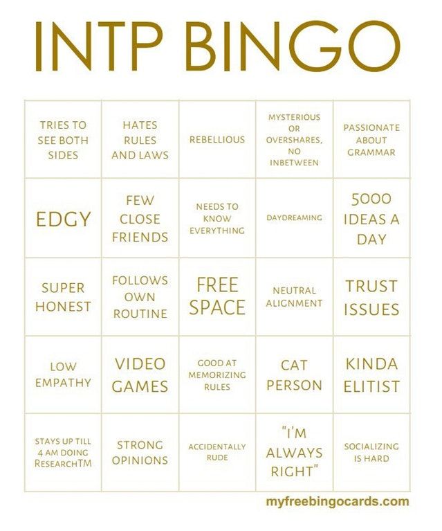 INTP Bingo (original source unknown) Entj Bingo, Mbti Traits, Mbti Bingo, Entj Commander, Entj Women, Intj Entj, Personalidad Enfp, Istj Personality, Entj Personality