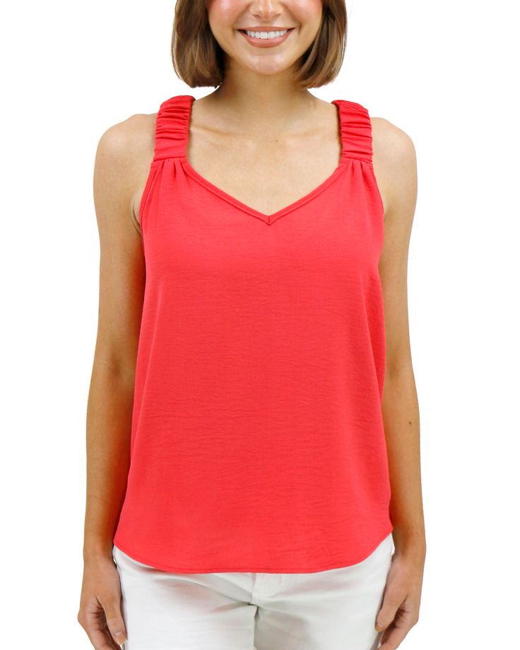 Coral Summer Floral Tank | Red V-Neck Tank Top The new Summer Floral Tank is here for all your laid-back summer looks! This ultra-lightweight tank features playful details like cinched, non-adjustable straps with a nice flowy bodice, all in deep coral color that will bring a fun pop of color to any outfit. Summery, fun, and flattering - it’s that simple. Why you’ll love it: Lightweight tank top in a summery coral color Unique, shirred elastic straps for a touch of detail Ruching at straps and fl Versatile V-neck Tank Top For Summer, Solid Tank Top For Spring Beach, Spring Versatile Tank Top With Adjustable Straps, Summer V-neck Tops With Straps, Versatile Spring Tank Top With Adjustable Straps, Summer V-neck Tank Top With Adjustable Straps, Summer V-neck Tank Top With Straps, Red Tank Top For Summer, Versatile Summer Tank Top With Spaghetti Straps