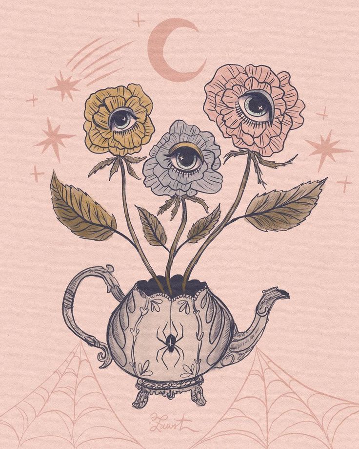 a drawing of three flowers in a teapot with an eyeball on the top