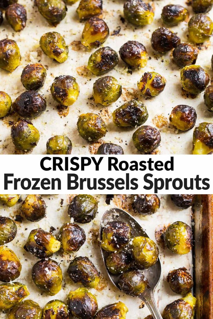 crispy roasted frozen brussel sprouts on a baking sheet with a spoon