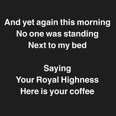 a black and white photo with the words, and yet again this morning no one was standing next to my bed saying your royal highness here is your coffee