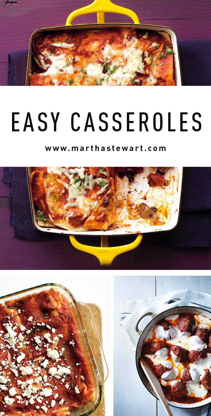 four different casseroles in pans with text overlay that says easy casserole