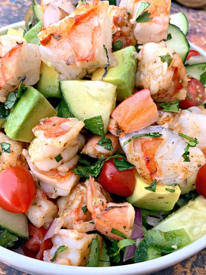 shrimp, avocado and tomato salad with text overlay that says keto low carb shrimp avocado ceviche