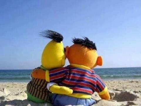 two stuffed animals sitting on top of a sandy beach