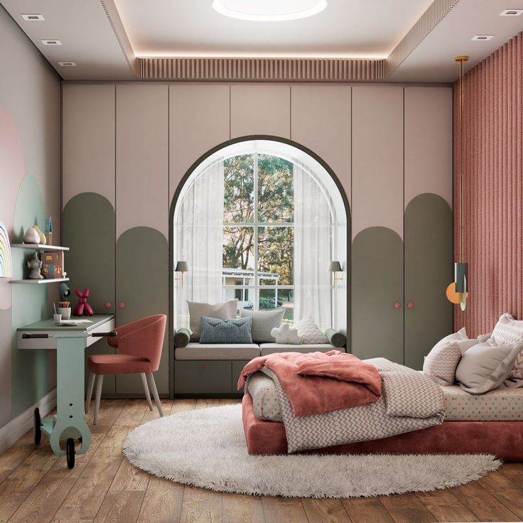 a bedroom with an arched window, pink and green furniture and rugs on the floor