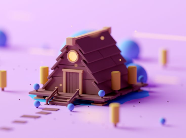 a purple house with blue balls around it and an orange light coming from the roof