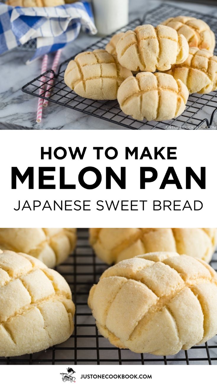 how to make melon pan japanese sweet bread on a cooling rack with text overlay