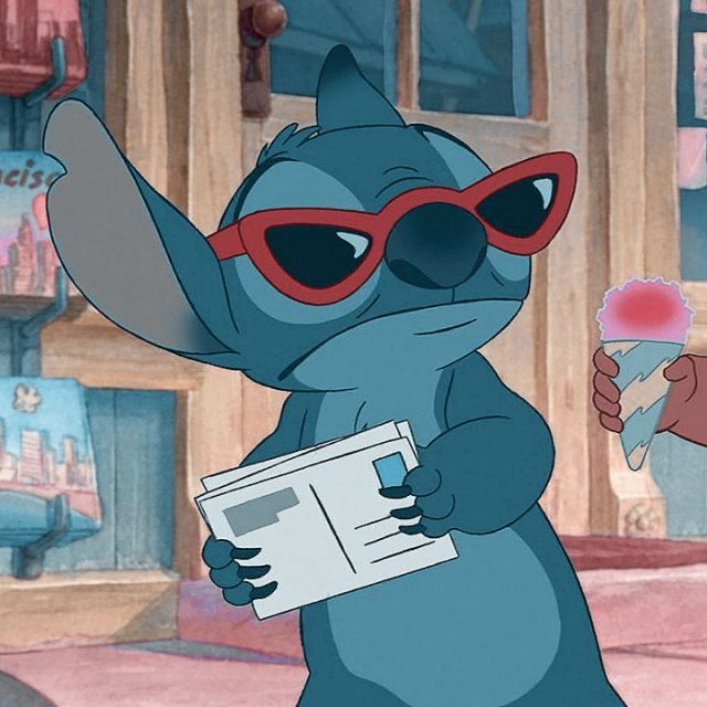 an animated character is holding a newspaper and wearing red glasses while standing in front of a building