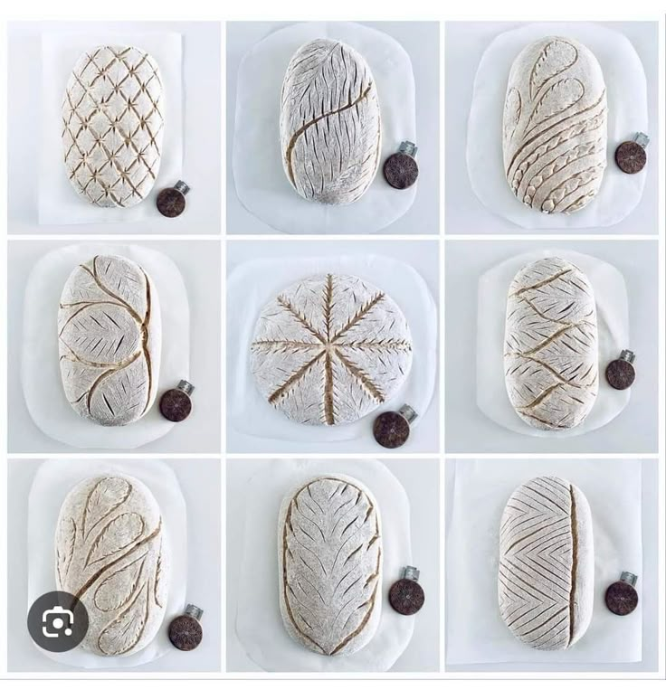 six pictures of different types of bread on white plates with chocolates in the middle