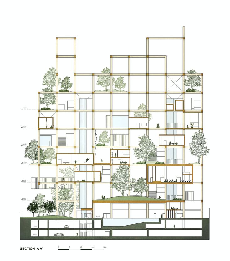 an architectural drawing of a house with multiple levels and trees on the roof, along with several