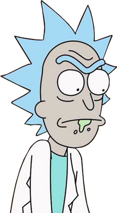 a cartoon character with an evil look on his face and blue hair, wearing a white lab coat