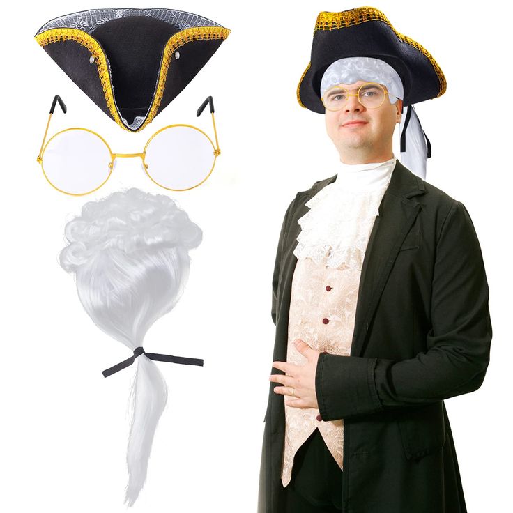 PRICES MAY VARY. Vintage Tricorn Gold Trim Hat - Colonial tricorn hat is black with ruffled gold trim, made of felt and measures 15.7", with a cap size that fits most teens, adults, and bigger kids Colonial Powdered Wig - Made of high-quality high-temperature resistant synthetic fiber, which is very suitable for long term use, the size of wig cap is adjustable, which can fit different head size; non-toxic and safe Metal Costume Eyeglass - Metal frame, plastic lenses,128*135*54mm; round circle glasses with clear lens, non prescription, lightweight for portable wearing, fits well both for small faces and big heads with adjustable nose guards Suitable Occasions - Perfect for classroom history lesson or historical school colonial days, George Washington, Thomas Jefferson, Colonial Men dressing Judge Wig, Classroom History, Powdered Wig, Colonial Costume, Men Dressing, Tricorn Hat, Circle Glasses, Colonial Dress, Thomas Jefferson