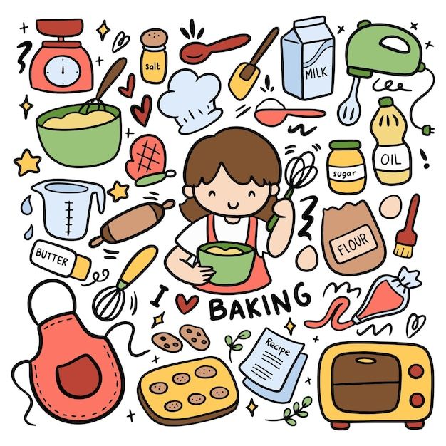 the girl is baking in the kitchen surrounded by cooking utensils and other items