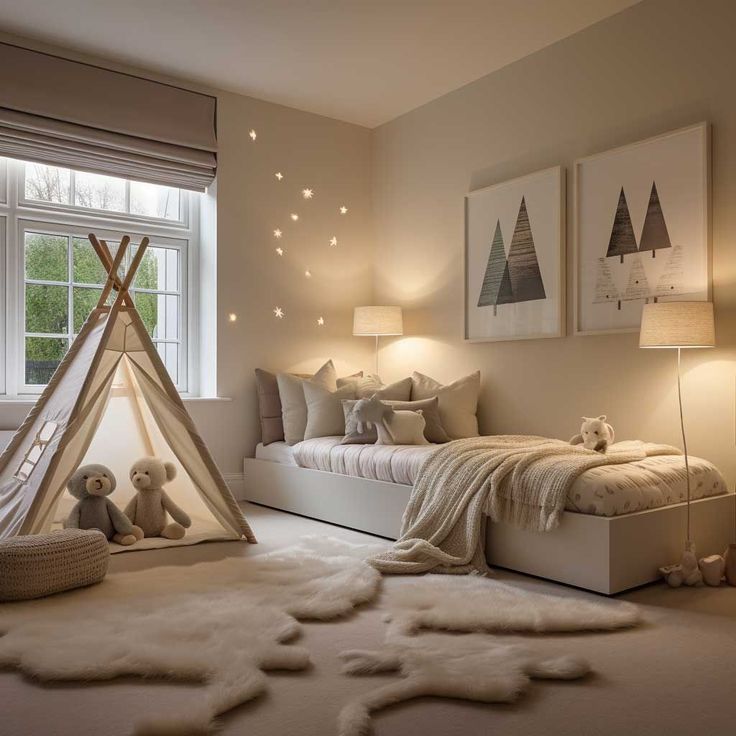 a child's bedroom with a teepee tent and stuffed animals