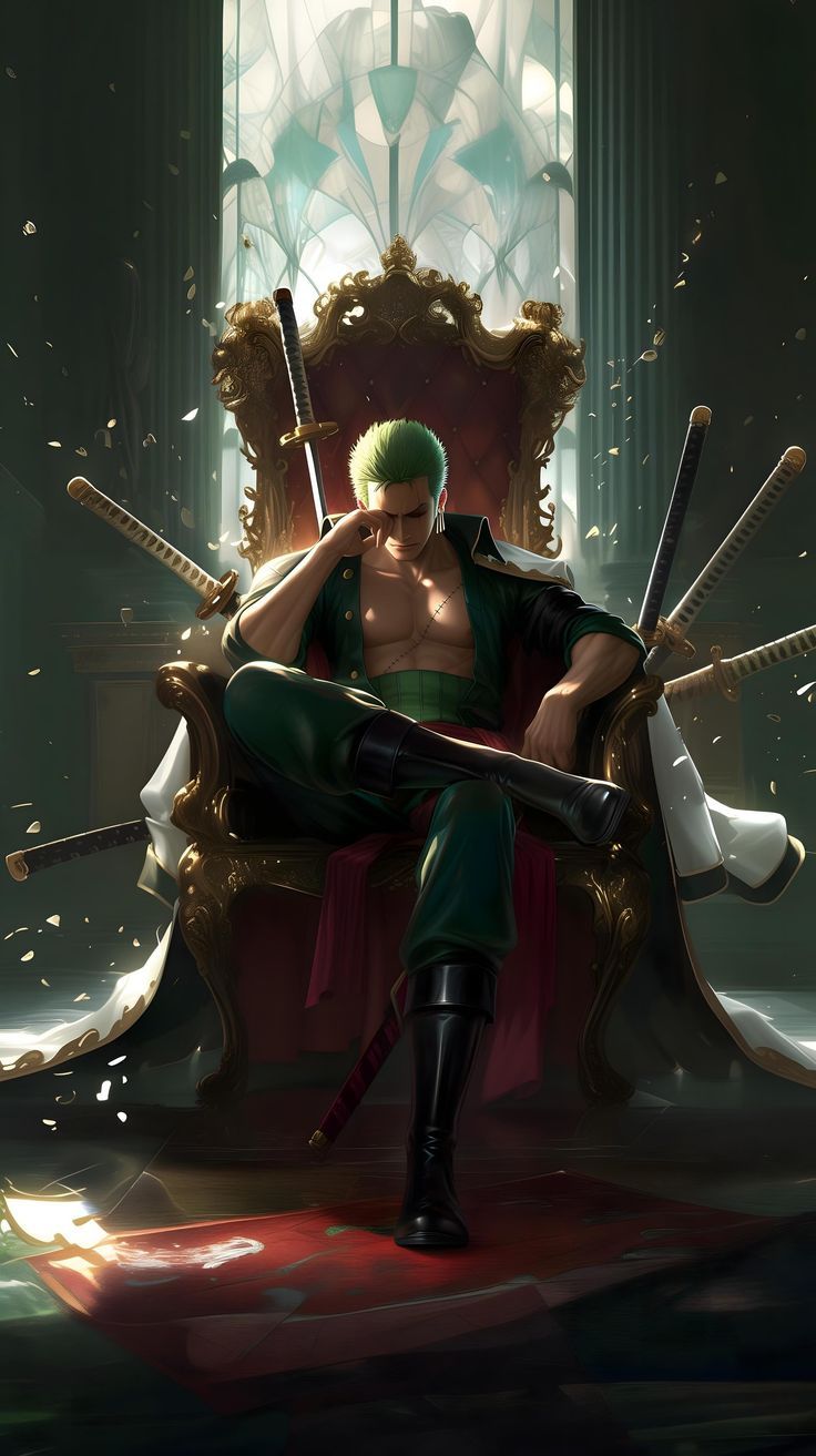 a man sitting on top of a chair with swords in his hand and wearing green clothes