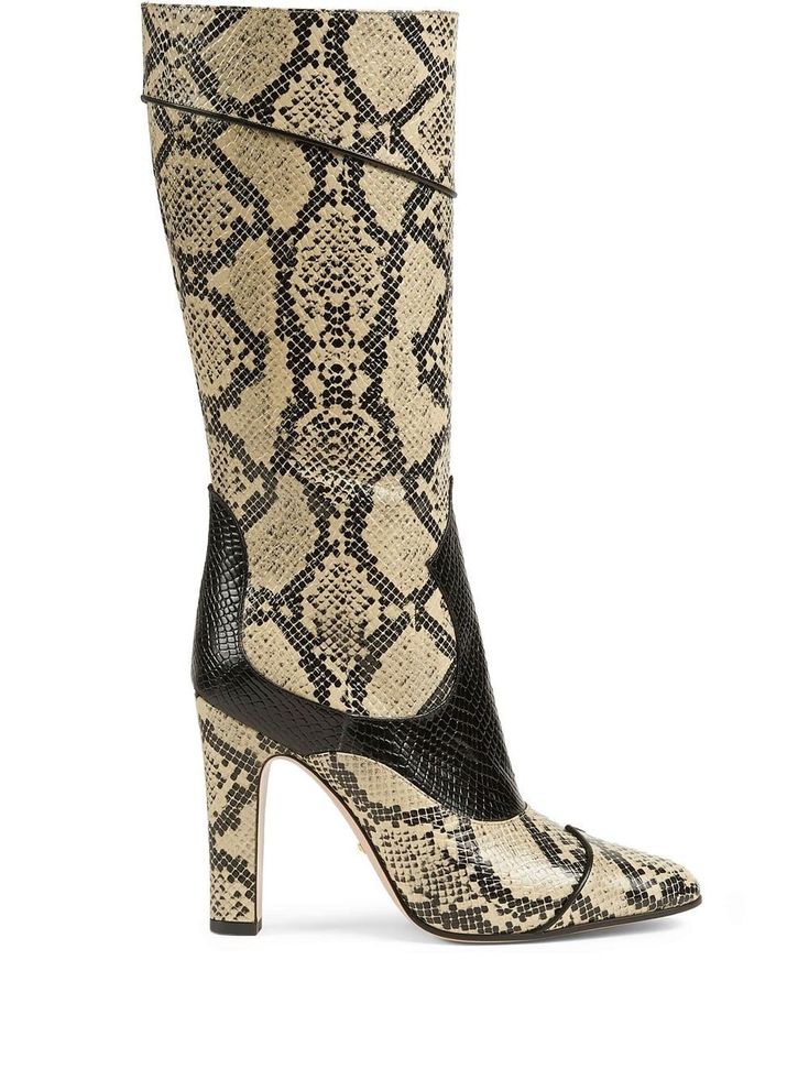 beige/black leather snakeskin effect contrasting panel detail gold-tone logo plaque side zip fastening knee-high pointed toe high heel Snake Print Boots, Pointed Toe Boots, Boot Print, Buy Gucci, Gucci Leather, Leather Cap, Sneaker Heels, Gucci Shoes, Printed Leather