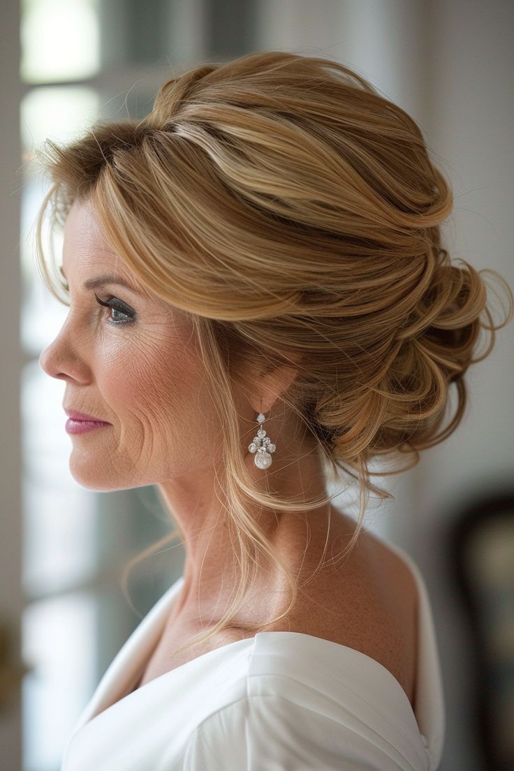 mother-of-the-bride-hair-half-up Mother Of Bride Half Up Half Down, Half Up Half Down Wedding Hair Mother, Wedding Hair Older Bride Over 50, Mother Of Bride Updos For Medium Hair, Mother Of The Groom Hair Updo, Mother Of The Bride Partial Updo, Mother Groom Hairstyles, Mother Of The Bride Hairstyles Medium, Half Up Hair For Medium Length