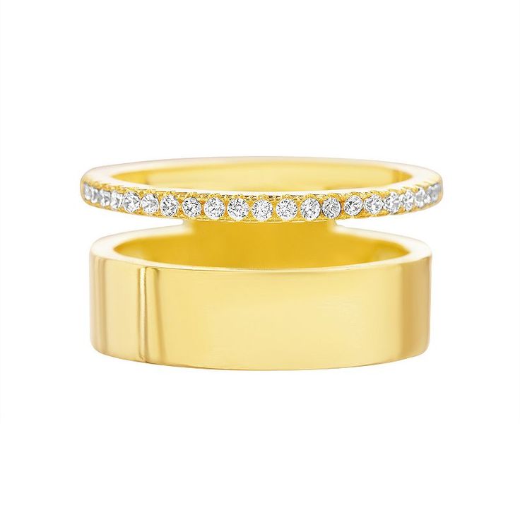 With its polished and cubic zirconia-studded bands, this 14k gold over recycled brass Paige Harper double layer ring is sure to impress.With its polished and cubic zirconia-studded bands, this 14k gold over recycled brass Paige Harper double layer ring is sure to impress.PRODUCT FEATURES Width: 9.43 mm Size 8 Nickel free Metal: 100% recycled brass Plating: 14k gold Finish: polished Packaging: boxedSTONE DETAILS Stone type: cubic zirconia Total weight: 1/8 ct. Shape: round Setting: prong Gemstone Gold Double Band Diamond Jewelry, Gold Diamond Double Band Jewelry, Gold Double Band Diamond Promise Ring, Gold Double Band Diamond Ring, Gold Double Band Rings With Diamond Accents, Gold Double Band Diamond Ring For Anniversary, Gold Diamond Double Band Stackable Rings, Gold Diamond Double Band Rings, Gold Double Band Diamond Ring As Gift