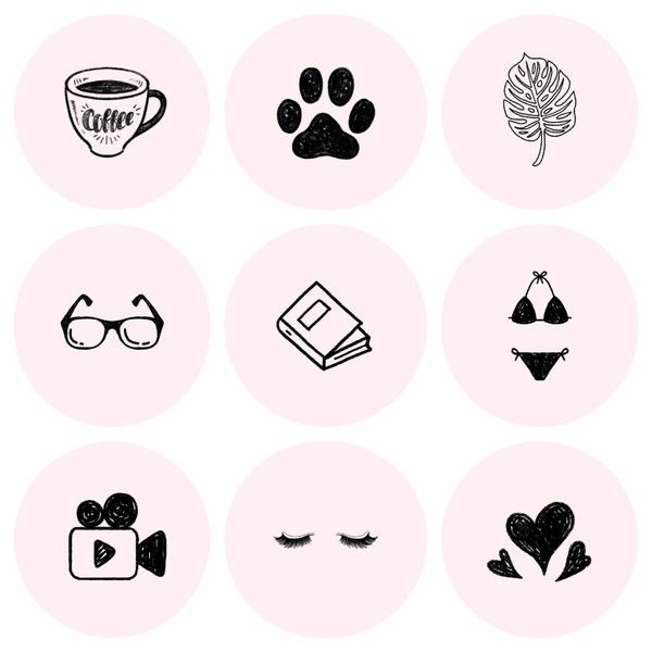 black and white icons on pink background with hearts, flowers, cat's paw