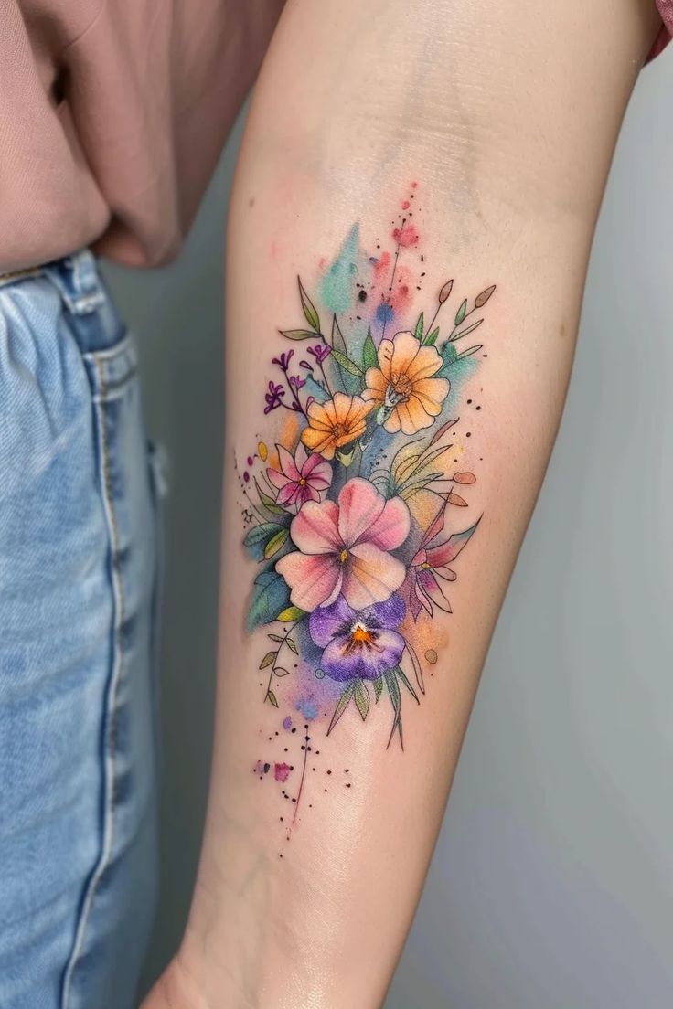 a woman's arm with flowers on it and watercolor paint splatters