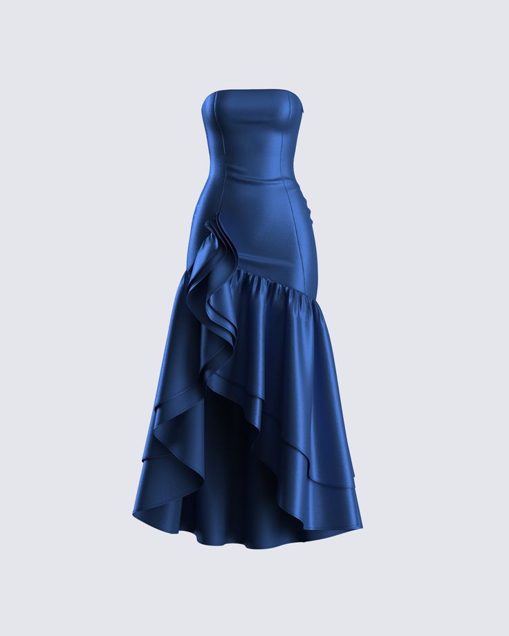 Leave them in awe when you walk in wearing this navy ruffle maxi dress 👑 Crafted from satin charmeuse fabric, and complete with a layered ruffle hem, a slit on the left leg, princess seams, and gripper tape along the top opening for an elegant and breathtaking look 💙 Very Formal Dresses, Prom Dresses Timeless, Paris Themed Dress, Blue Dress For Homecoming, Black Dress With Blue Accessories, Mamma Mia Formal Dress, Long Blue Silk Dress, Dress Bottom Designs, Muted Blue Dress