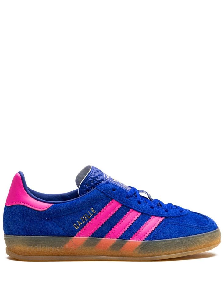 Shop adidas Gazelle Indoor "Blue/Lucid Pink" sneakers Blue And Pink Adidas, Pink And Blue Sambas, Blue And Pink Sambas, Colorful Womens Sneakers, Colored Sambas, Colorful Sambas, Red And Blue Shoes, Funky Sneakers, Bright Sneakers