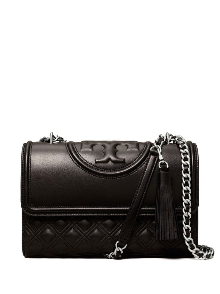 black leather silver-tone hardware diamond quilting embossed logo to the front foldover top leather and chain-link top handle Tory Burch Fleming Convertible Shoulder Bag, Shoulder Guard, Womens Designer Bags, Womens Designer Handbags, Tory Burch Handbags, Designer Shoulder Bags, Tory Burch Bag, Leather Tassel, Chanel Boy Bag